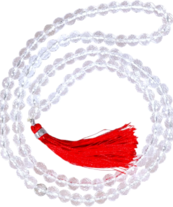 Alternative view of Pure Clear Quartz (Sphatik) Japa Mala with Crimson Silk Tassels