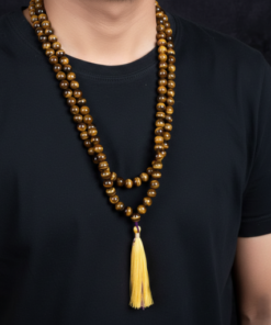 Alternative view of Natural Tiger’s Eye 108 Bead Authentic Mala Necklace With Golden Tassel