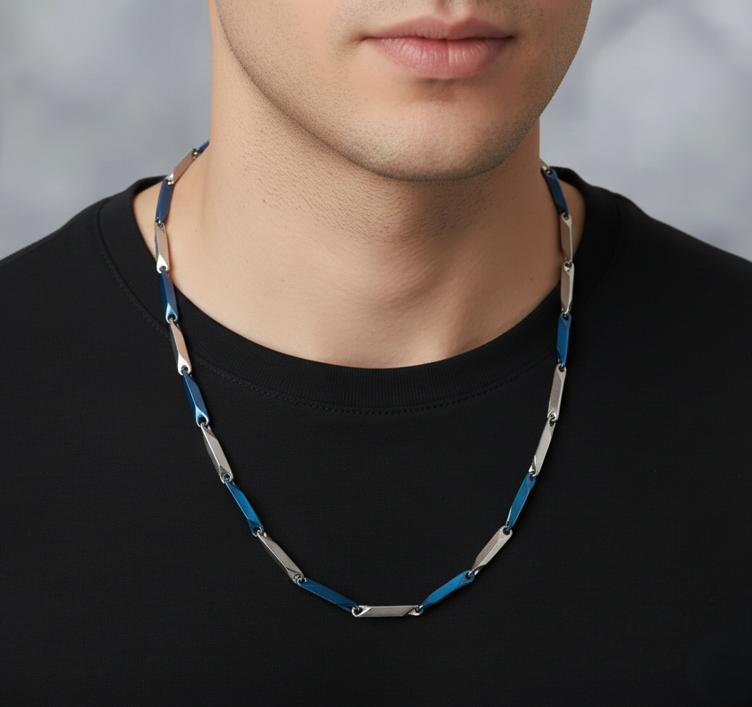 Mens Neck chain Stealth Series Blue - Silver Faceted Link Chain - Image 2