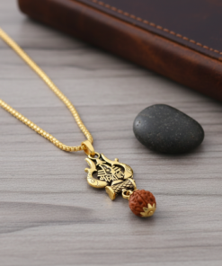 Alternative view of Antique Gold-Finished Trishul & Rudraksha Pendant with Box Chain