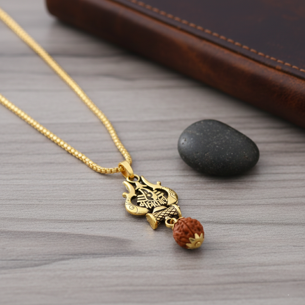 Antique Gold-Finished Trishul & Rudraksha Pendant with Box Chain - Image 2