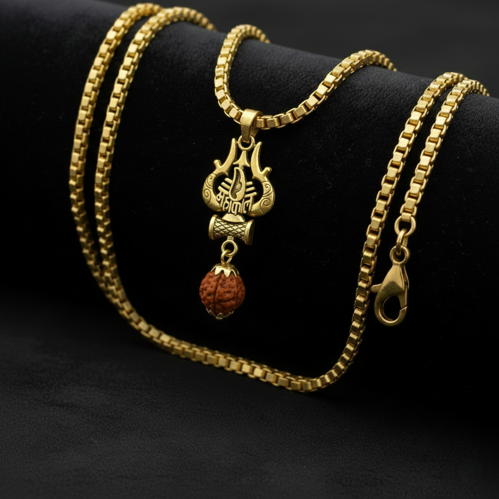 Antique Gold-Finished Trishul & Rudraksha Pendant with Box Chain - Image 11