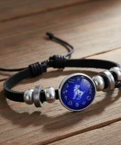 Alternative view of Aries (मेष ) Zodiac Leather Bracelet – Blue Constellation Dial with Ram Symbol