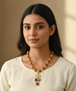This authentic Rudraksha Mala is designed for both spiritual significance and aesthetic appeal. It features a traditional design often associated with devotion to Lord Shiva, combining the earthy texture of natural seeds with polished metallic accents.