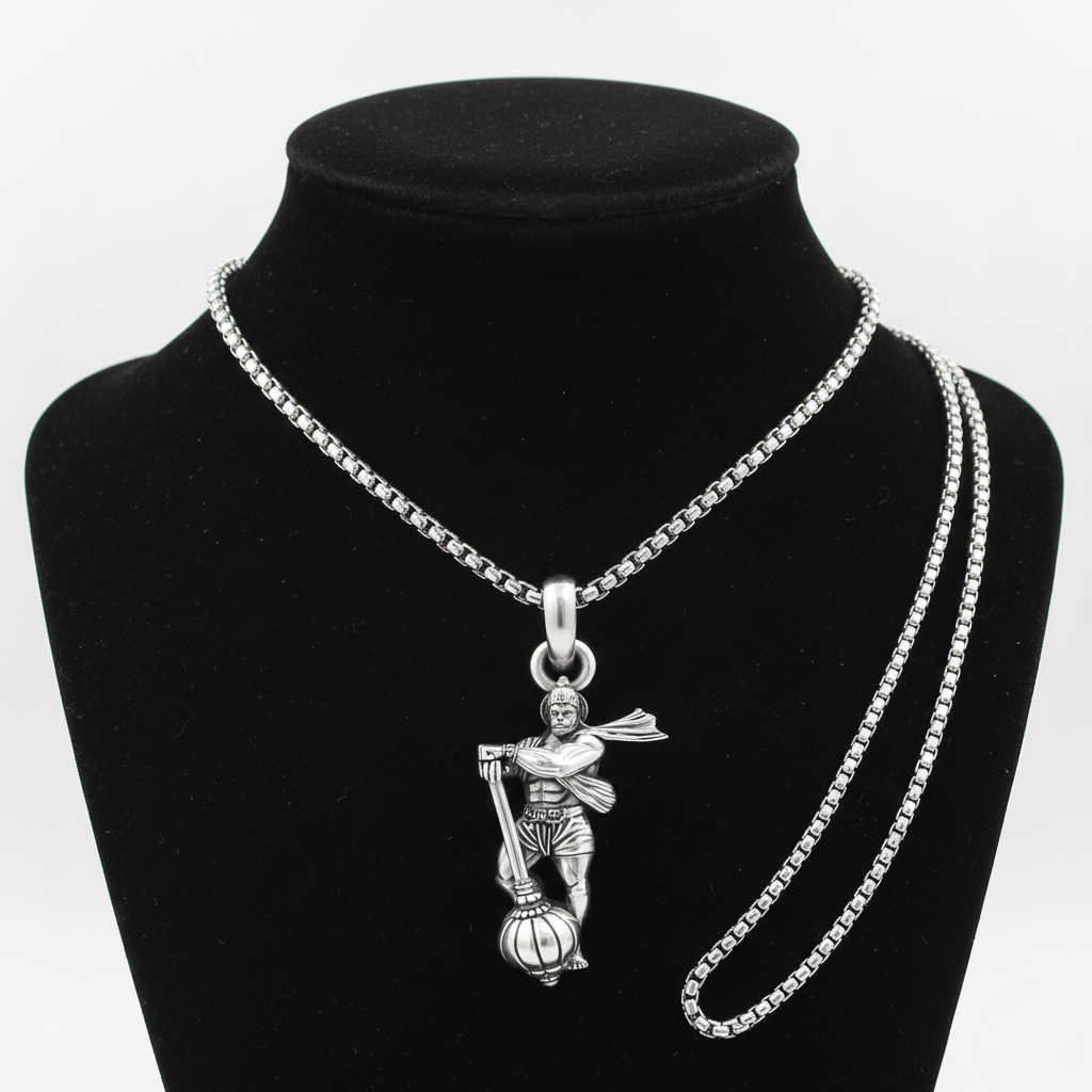 The Divine Warrior Lord Hanuman Silver-Finish Pendant with Box Chain - Image 2