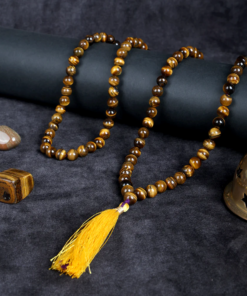Alternative view of Natural Tiger’s Eye 108 Bead Authentic Mala Necklace With Golden Tassel