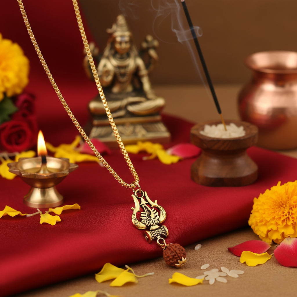 Antique Gold-Finished Trishul & Rudraksha Pendant with Box Chain - Image 3