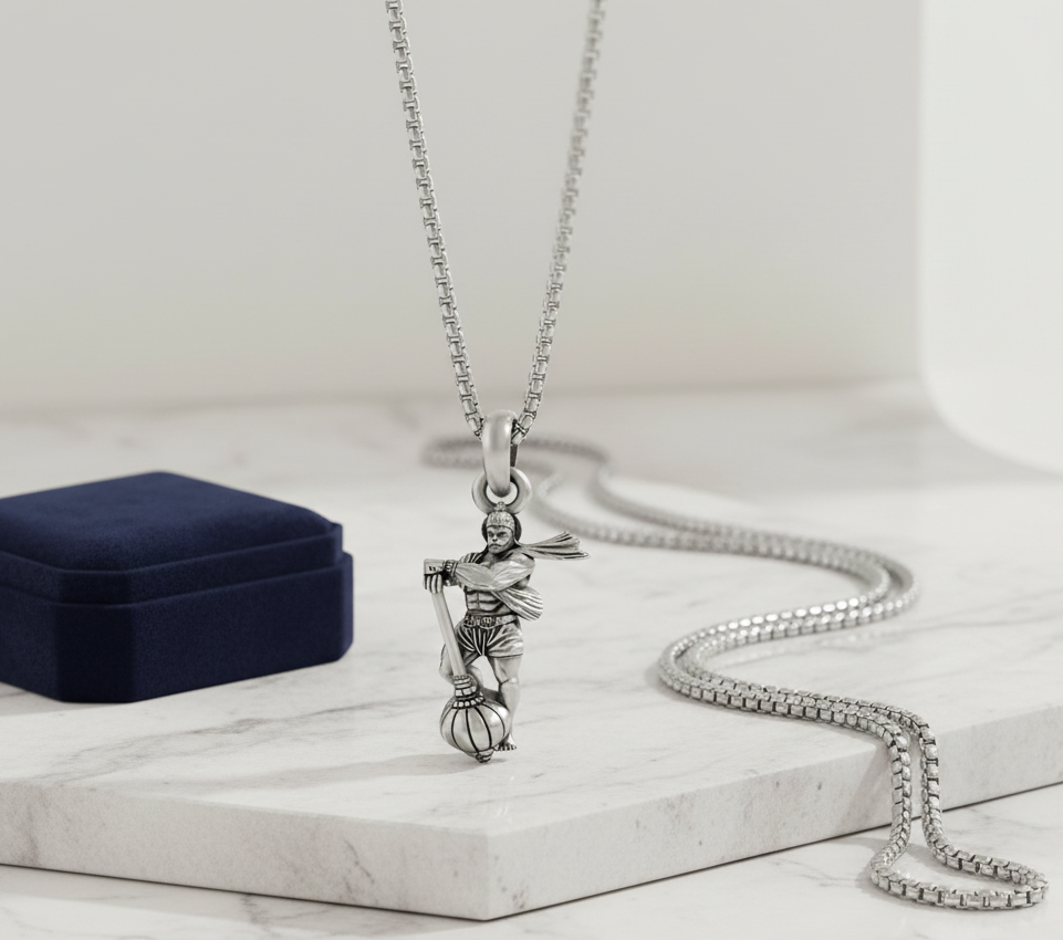 The Divine Warrior Lord Hanuman Silver-Finish Pendant with Box Chain - Image 3