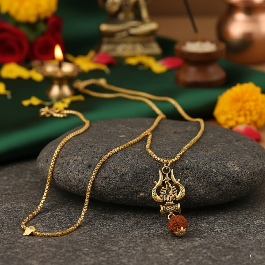 Antique Gold-Finished Trishul & Rudraksha Pendant with Box Chain - Image 5