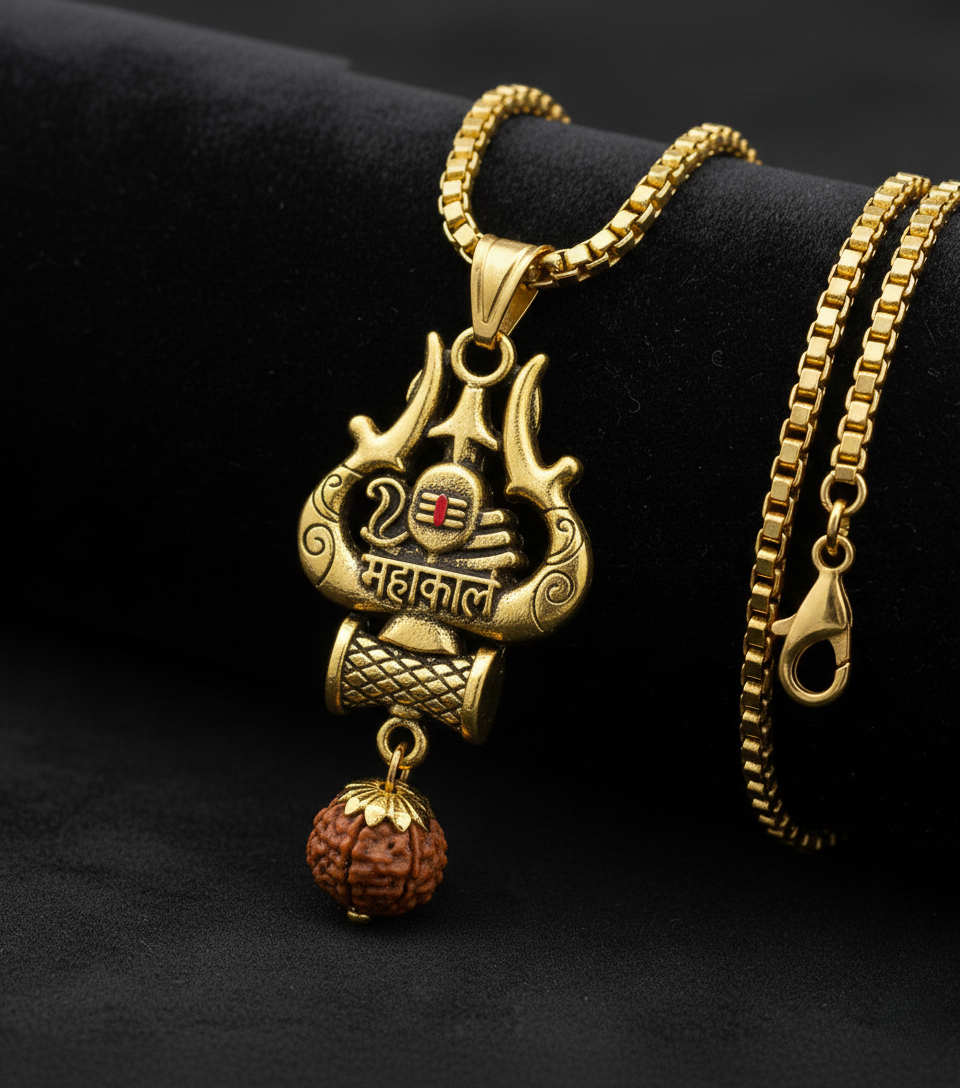 Antique Gold-Finished Trishul & Rudraksha Pendant with Box Chain - Image 7
