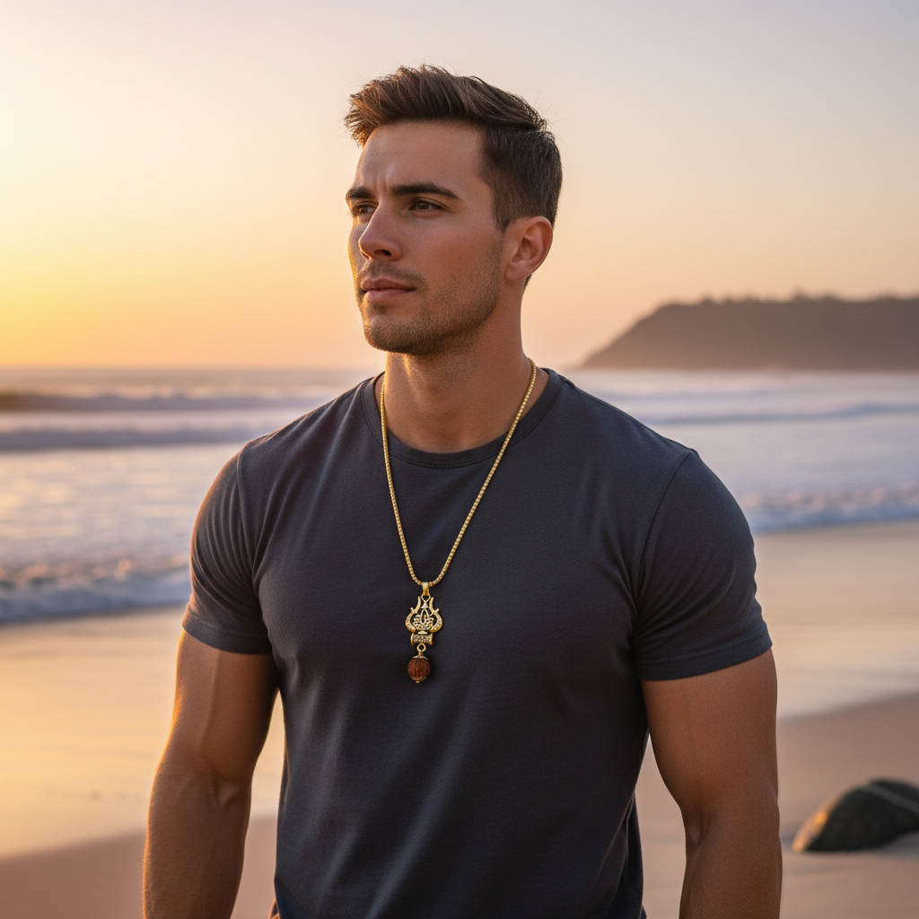 Antique Gold-Finished Trishul & Rudraksha Pendant with Box Chain - Image 8