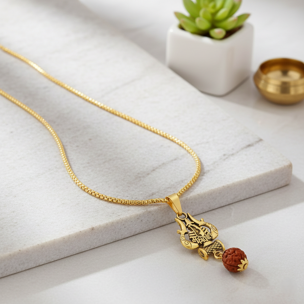Antique Gold-Finished Trishul & Rudraksha Pendant with Box Chain - Image 9