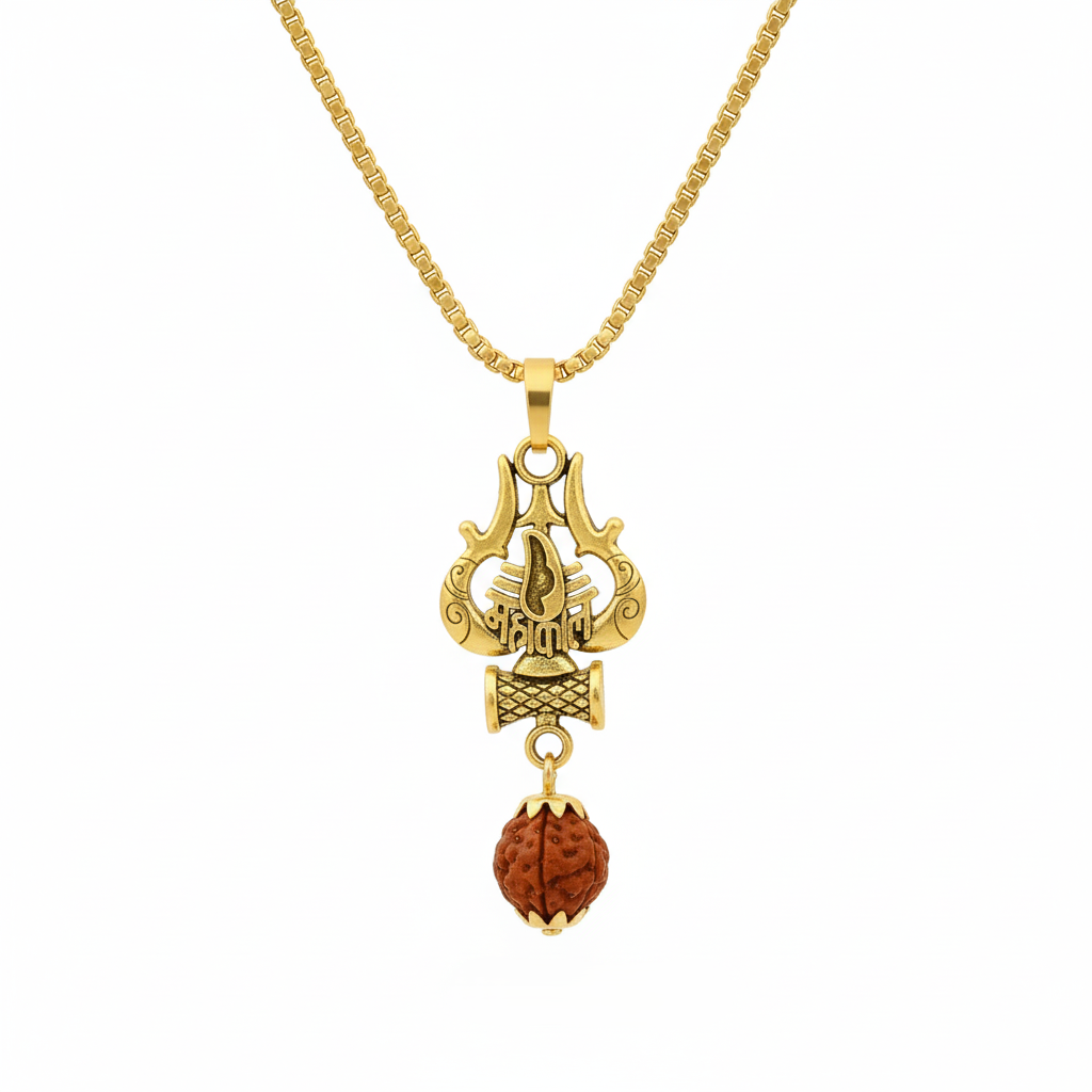 Antique Gold-Finished Trishul & Rudraksha Pendant with Box Chain - Image 10