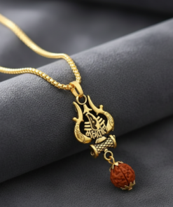 Antique Gold-Finished Trishul & Rudraksha Pendant with Box Chain