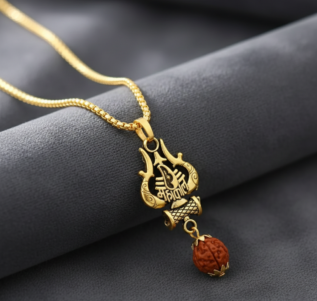Antique Gold-Finished Trishul & Rudraksha Pendant with Box Chain