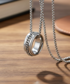Men’s Stainless Steel Rotatable Cuban Inlay Ring Pendant & Box Chain