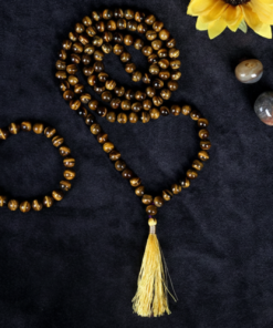 Natural Tiger’s Eye Mala Necklace & Stretch Bracelet Set with Golden Tassel