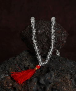 Pure Clear Quartz (Sphatik) Japa Mala with Crimson Silk Tassels