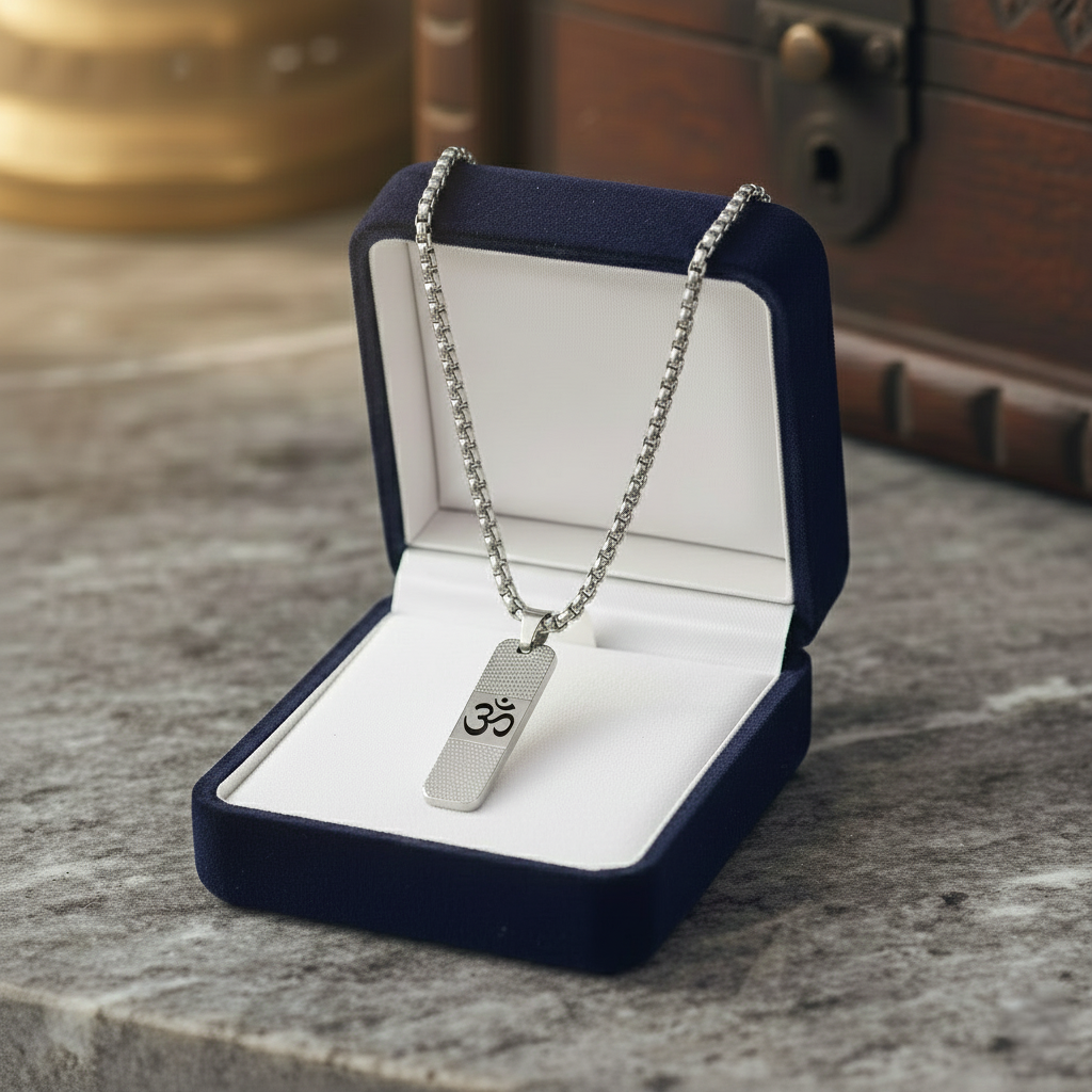 Sacred Om Inscribed Stainless Steel Textured Pendant Chain