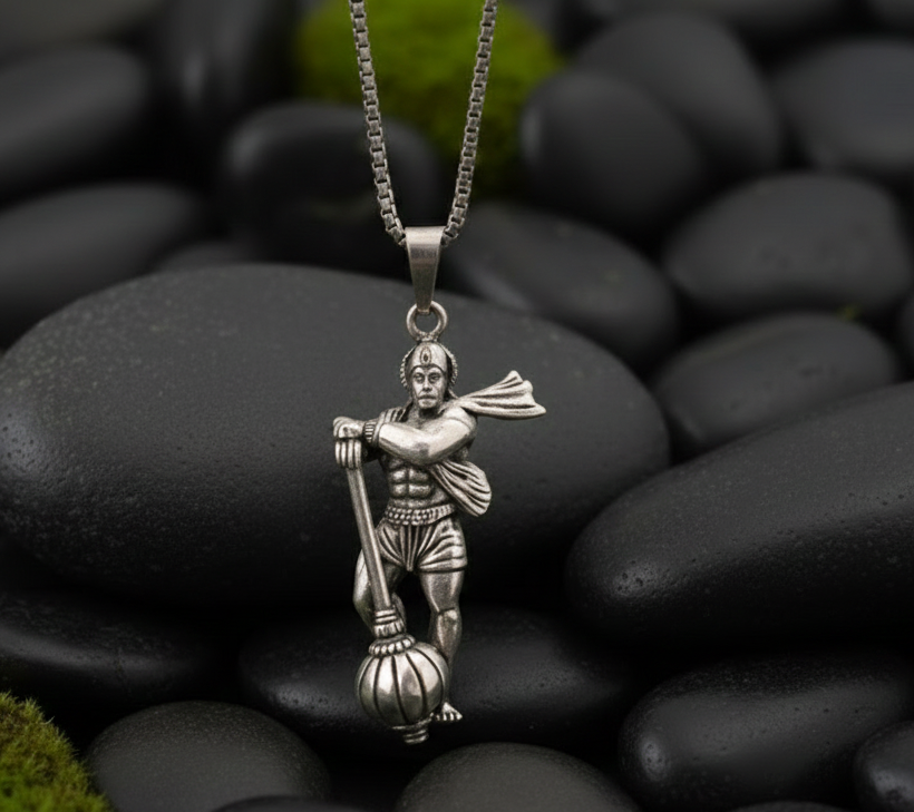 The Divine Warrior Lord Hanuman Silver-Finish Pendant with Box Chain