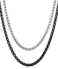 Men’s Dual-Tone Stainless Steel Box Chain Set – Premium Silver and Matte Black Necklaces for Men