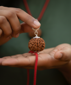 Alternative view of Authentic 3 Mukhi Nepali Rudraksha Silver Pendant with Red M
