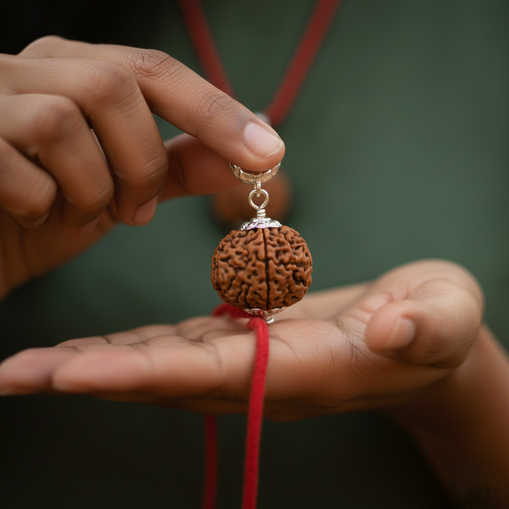 Authentic 3 Mukhi Nepali Rudraksha Silver Pendant with Red M - Image 2
