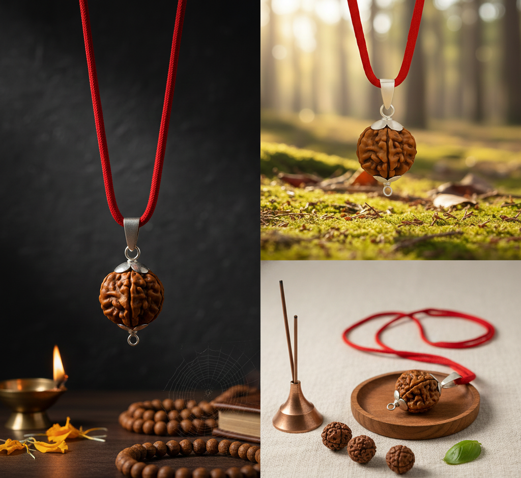 Authentic 3 Mukhi Nepali Rudraksha Silver Pendant with Red M - Image 3