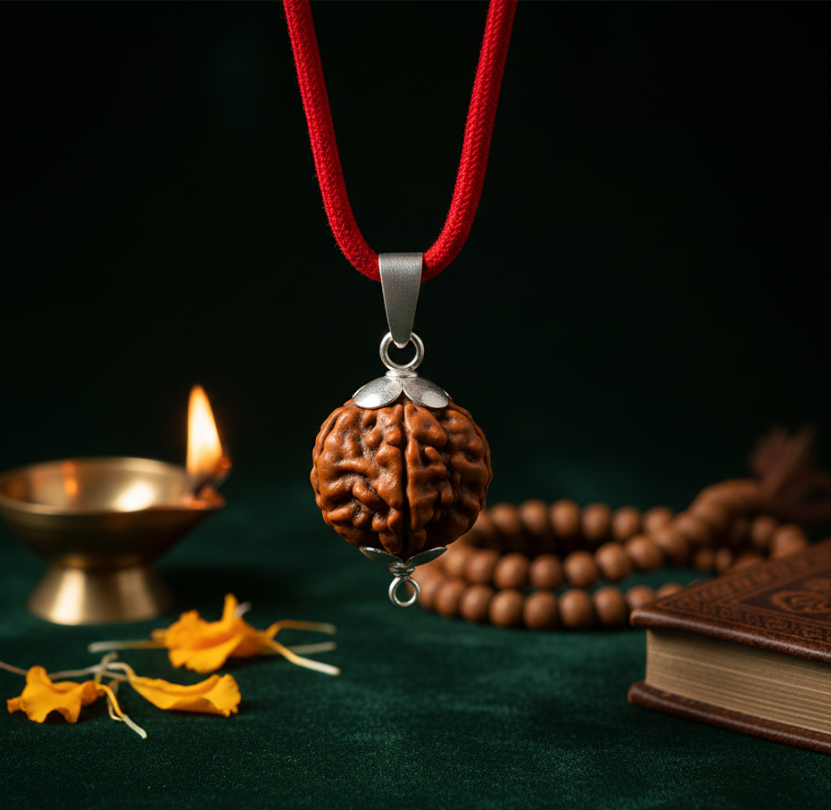 Authentic 3 Mukhi Nepali Rudraksha Silver Pendant with Red M - Image 4