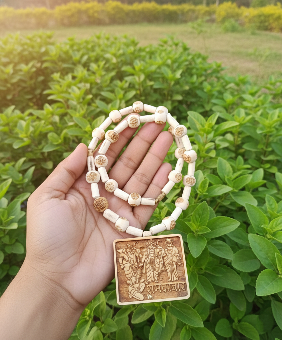 Sacred Ram Darbar Tulsi Mala – 22 Hand-Carved Ram Name Beads (10mm) - Image 2