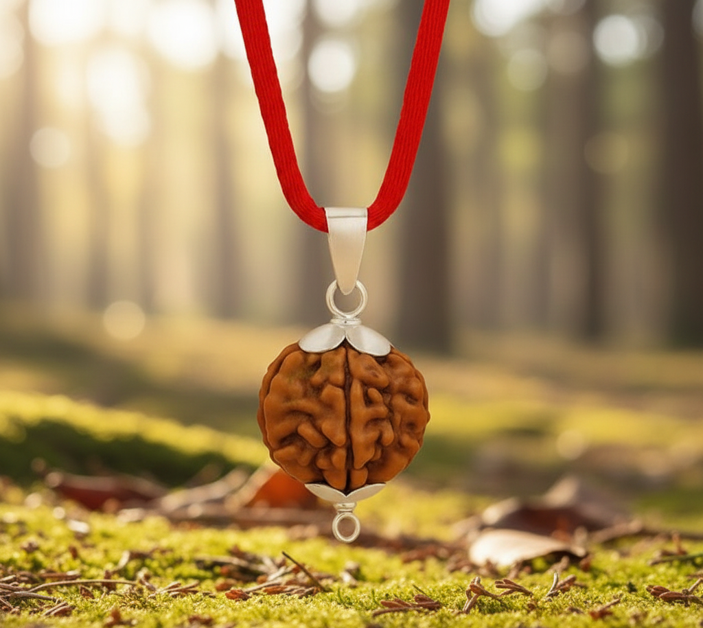 Authentic 3 Mukhi Nepali Rudraksha Silver Pendant with Red M - Image 6