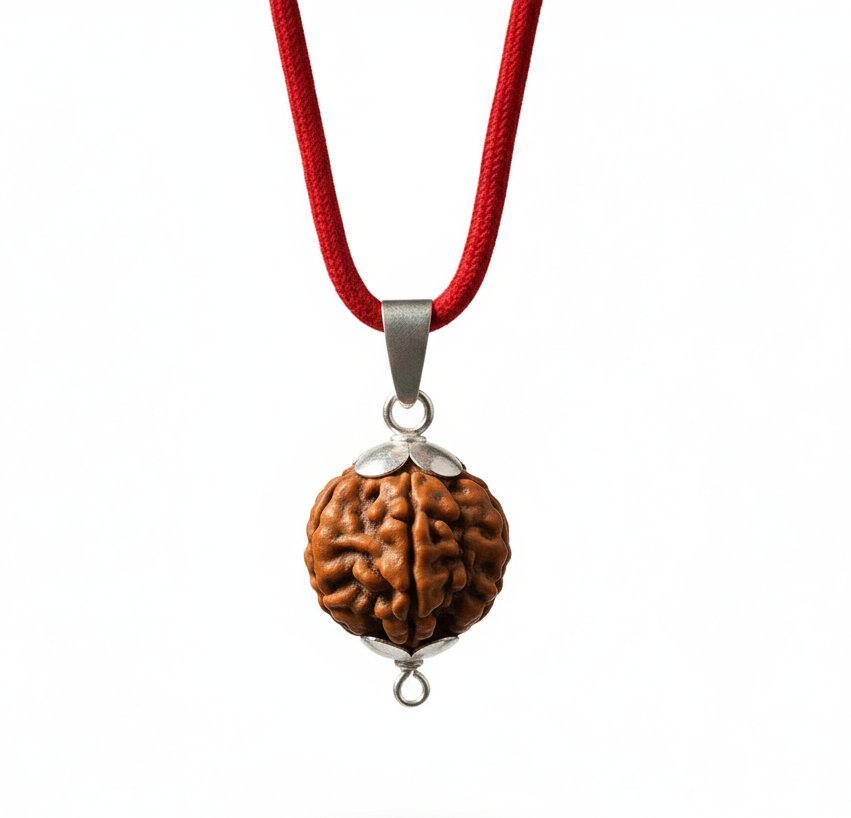 Authentic 3 Mukhi Nepali Rudraksha Silver Pendant with Red M