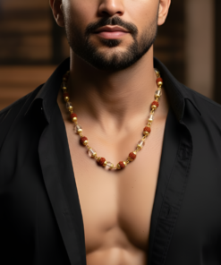 Divine Handcrafted Rudraksha and Sphatik Mala – Gold Plated Spiritual Protection Chain for Men & Women