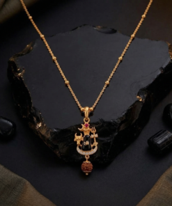 Alternative view of Old-Toned Lord Shiva Trishul and Nandi Pendant Necklace  Spiritual Rudraksha Enamel Jewelry with Beaded Station Chain