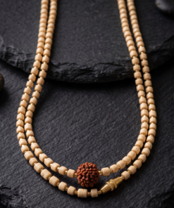 2-Layer White Tulsi Kanthi Mala with Central Rudraksha Bead – Sacred Spiritual Necklace