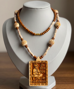 Alternative view of Handcrafted Bageshwar Dham Hanuman Pendant Mala  Tulsi & Sandalwood Bead Spiritual Necklace