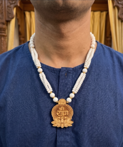 Alternative view of Authentic Shri Radha Lotus Pendant Mala  Elegant White Beaded Devotional Jewelry
