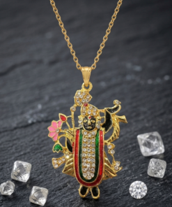 Alternative view of Gold-Plated Shrinathji Shrinath Ji Pendant with Delicate Beaded Chain