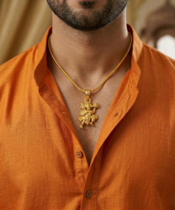 Gold-Toned Lord Hanuman Pendant Necklace Flying Bajrangbali with Sanjeevani Mountain Spiritual Hindu Deity Jewelry
