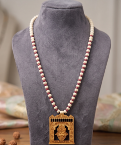 Handcrafted Red Sandalwood Khatu Shyam Ji Pendant Mala Two-Tone Wooden Bead Spiritual Necklace
