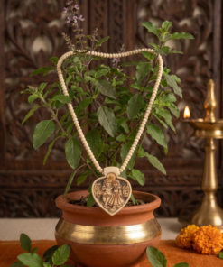 Handcrafted Tulsi Wood Necklace Engraved Leaf-Shaped Radha Krishna Pendant