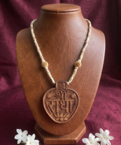 Heart-shaped Hand-Carved 'Shri Radha' Tulsi Mala Pendant Necklace - Spiritual Prayer Beads