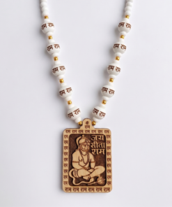 Alternative view of Authentic Shri Ram Mantra Necklace  Carved Wooden Hanuman Pendant with White Beads