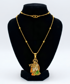 Traditional Gold-Toned Radha Krishna Pendant Necklace  Divine Enamel and Crystal Spiritual Jewelry with Beaded Station Chain