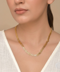 Women's Traditional Gold-Toned Flat Leaf Link Chain Necklace Intricate Chevron Vine Pattern Ethnic Jewelry